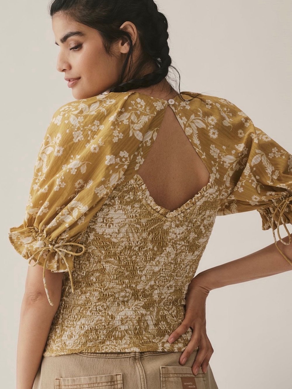 Anthropologie Mustard Floral Smocked Puff Sleeve Top - Picture 11 of 12